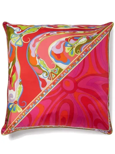 Pucci Patchwork-print Silk Cushion In Red