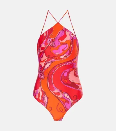 Pucci Printed Halterneck Swimsuit In Red