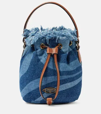 Pucci Small Leather-trimmed Denim Bucket Bag In Blue