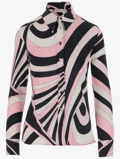 Pucci Stretch Viscose Shirt With Iris Pattern In Black