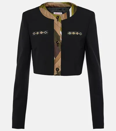 Pucci Vivara-printed Cropped Wool-blend Jacket In Black