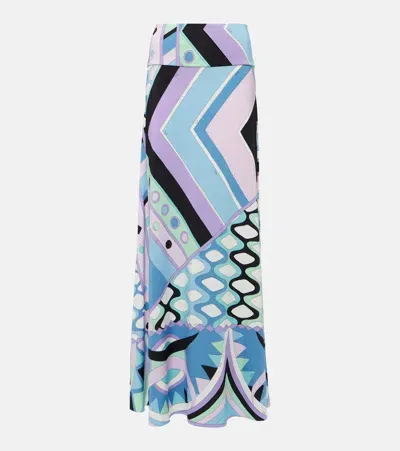 Pucci Vivara-printed Satin Jersey Maxi Skirt In Celeste Bianco