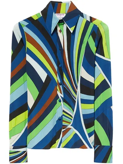 Pucci Wave-print Long-sleeve Shirt In Blue