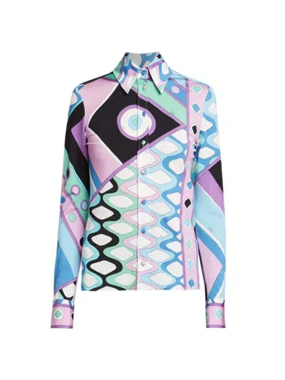 Pucci Vivara-print Satin Shirt In Celeste Bianco