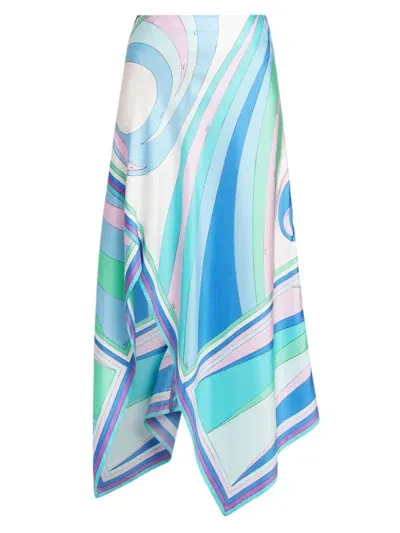 Pucci Cigni Print Silk Handkerchief Skirt In Celeste Bianco