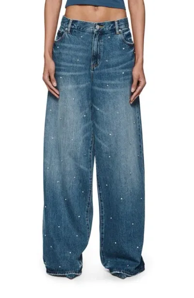 Purple Brand Rhinestone Baggy Wide Leg Jeans In Mid Indigo