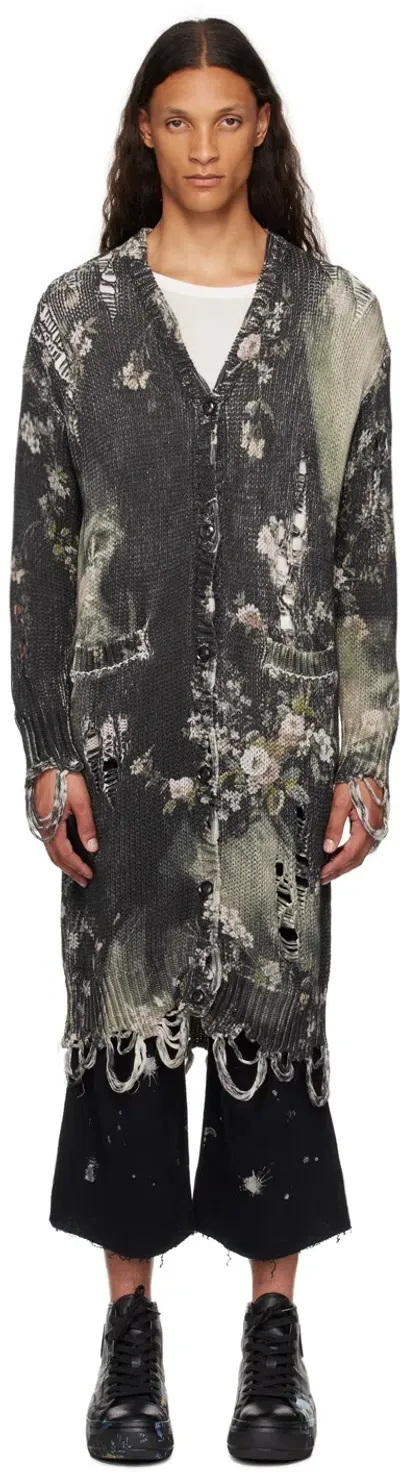 R13 Black Distressed Long Cardigan In Blck Bleached Floral