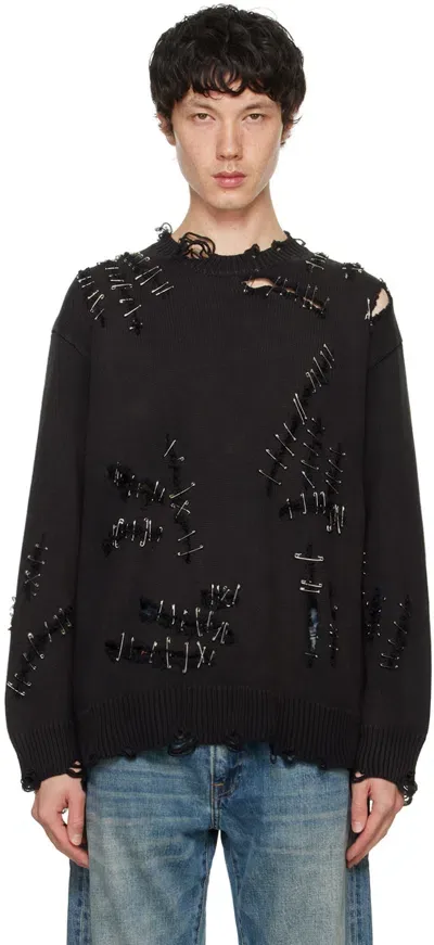 R13 Black Slashed Boyfriend Sweater In Black With Pins