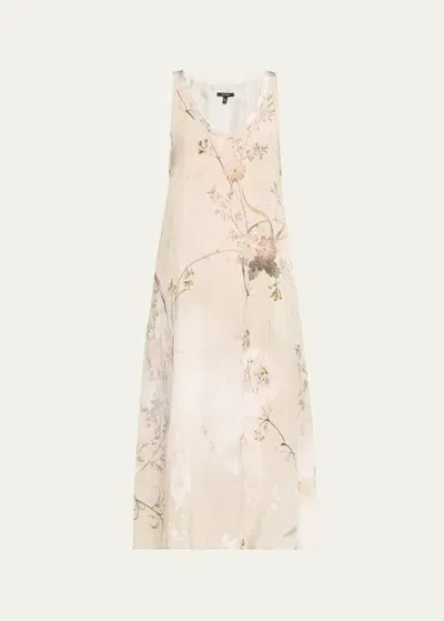 R13 Printed Washed Satin Midi Dress In Cream Bleached Fl