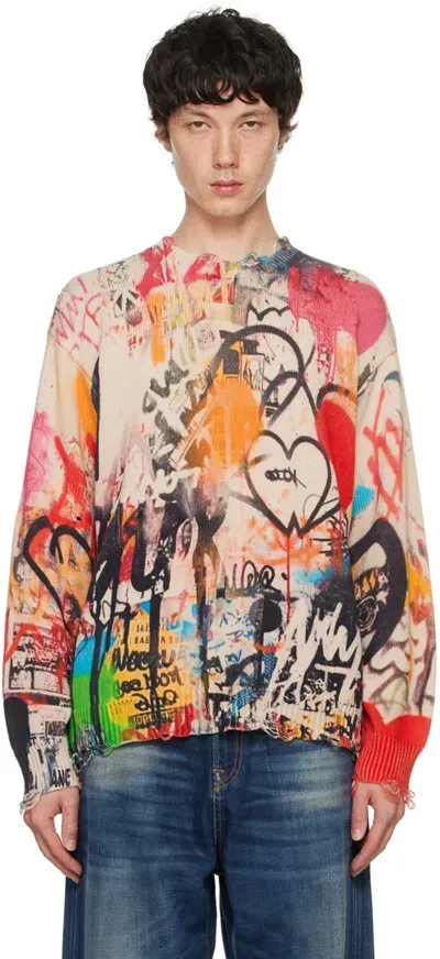 R13 Multicolor Printed Boyfriend Sweater In Heart Graffiti Print