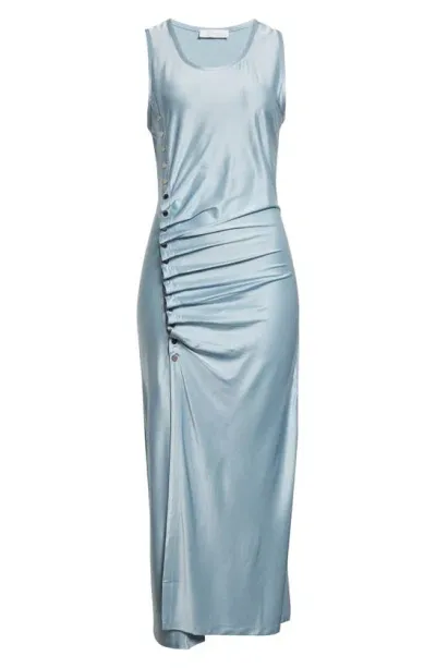 Rabanne Pression Draped Satin Dress In Faded Blue