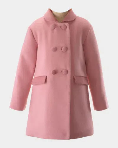 Rachel Riley Kids' Girl's Velvet Trim Double Breasted Coat In Pink