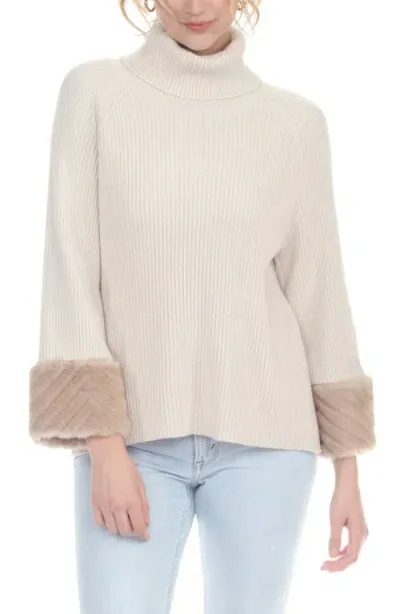 Rain And Rose Faux Fur Cuff Turtleneck Sweater In Cream