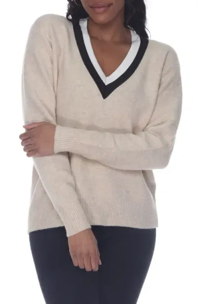 Rain And Rose V-neck Varsity Sweater In Beige