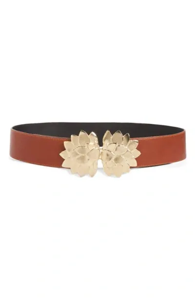 Raina Floral Buckle Leather Belt In Cognac