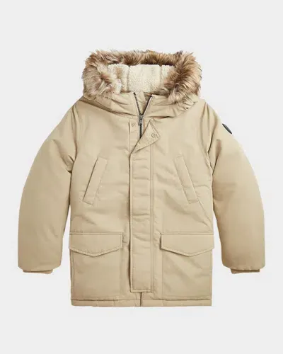 Ralph Lauren Kids' Boy's Parka Jacket W/ Faux Fur Hood In Classic Khaki