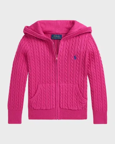 Ralph Lauren Kids' Girl's Embroidered Cable Knit Hoodie In Pink