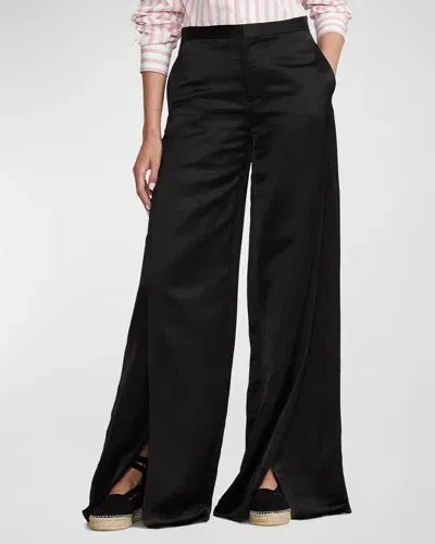 Ralph Lauren Leora Mid-rise Slit-hem Wide-leg Fluid Linen Pants In Schwarz