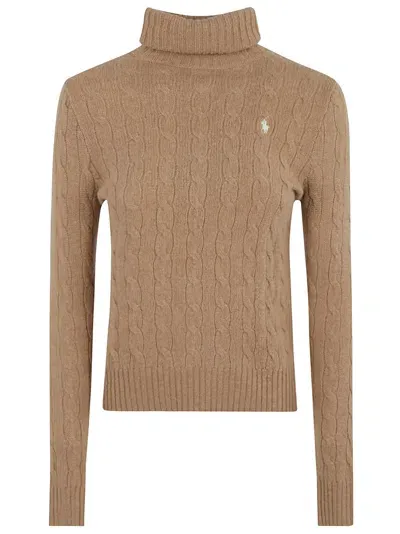 Ralph Lauren Logo Embroidered Roll-neck Cable Knit Sweater In Gray