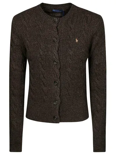 Ralph Lauren Pony Embroidered Cable-knit Cardigan In Brown