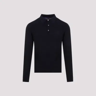 Ralph Lauren Purple Label Navy Blue Long Sleeve Silk-cotton Polo In Black