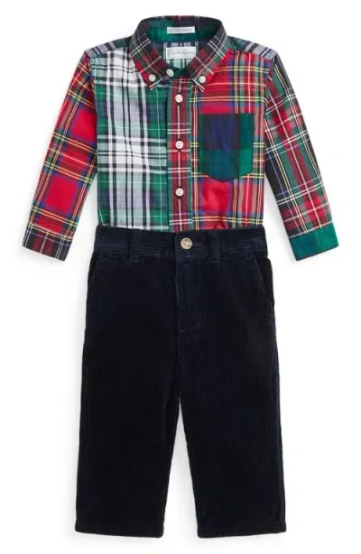 Ralph Lauren Babies'  Stretch Poplin Button-up Shirt & Corduroy Pants Set In Tartan Funshirt