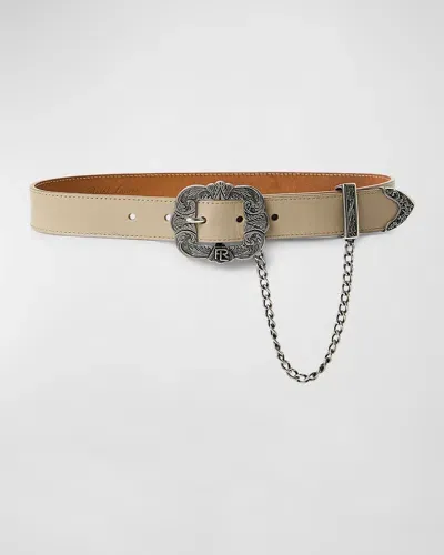 Ralph Lauren Tooled-buckle Chain-trim Calfskin Belt In Grey