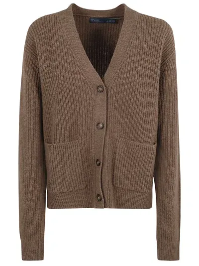 Ralph Lauren V-neck Rib Knit Cardigan In Brown