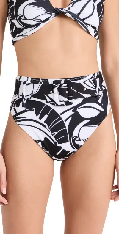 Ramy Brook Palm Printed Charley Bikini Bottoms In Black/white Exoti