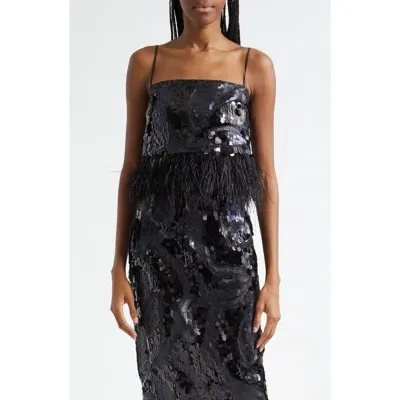 Ramy Brook Stanley Sequin Feather Trim Camisole In Black Sequin Swirl