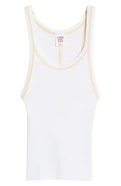 Re/done Women's Cropped Rib-knit Tank In White With Clementine Stitch