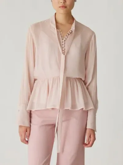 Rebecca Taylor Covered Button Tie Front Blouse In Calamine Pink