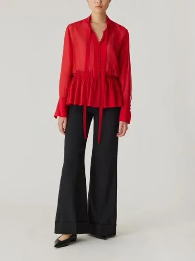 Rebecca Taylor Covered Button Tie Front Blouse In Red Lip