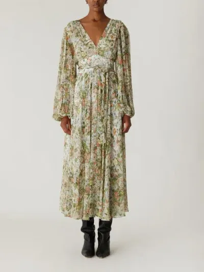 Rebecca Taylor Floral All Over On Viscose Chiffon Blouson Sleeve Midi Dress In Floral Multi