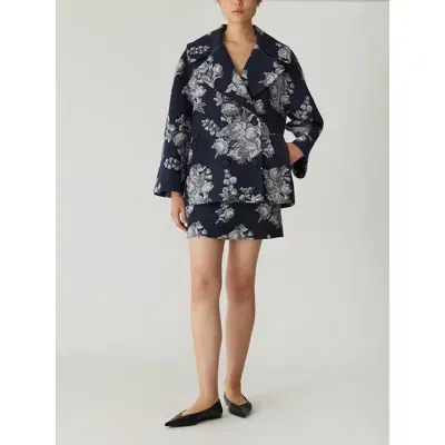 Rebecca Taylor Venice Toile Jacquard Oversized Peacoat In Indigo Combo