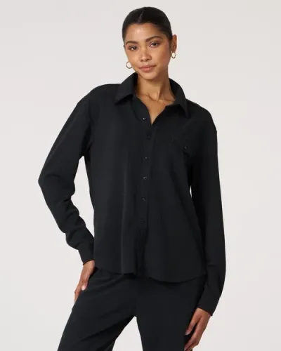 Rebody Active Retreat Waffle Button Down Shirt In Black