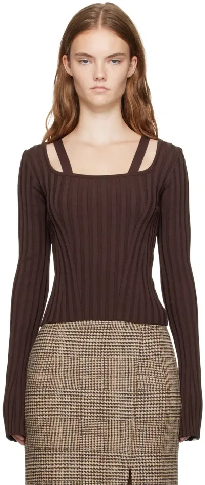 Recto Brown Scoop Neck Fitted Sweater