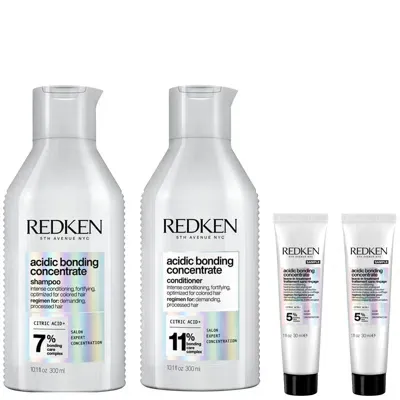 Redken Acidic Bonding Concentrate Shampoo And Conditioner 300ml With Leave-in Treatment 2 X 30ml, Bond Repa In White