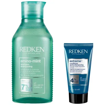 Redken Amino Mint Scalp Cleansing For Greasy Hair Shampoo And Extreme Conditioner Bundle In White