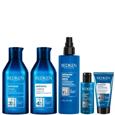 Redken Extreme Shampoo 300ml, Conditioner 300ml, Anti-snap 250ml + Shampoo And Conditioner Travel Sizes Bun In White