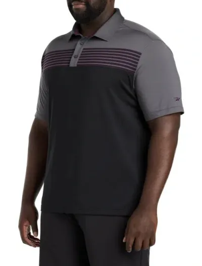 Reebok Performance Chest Striped Polo Shirt In Blk Gry Midnght Plum