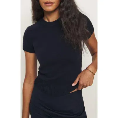 Reformation X Kacey Musgraves Natalie Short Sleeve Wool Sweater In Navy