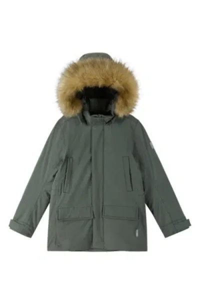 Reima Kids' Tec Faux-fur Trim Waterproof Down Parka In Thyme Green