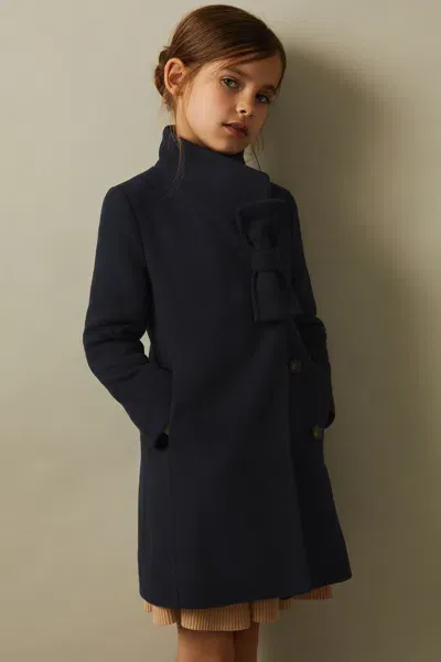 Reiss Kids' Navy Senior Wool Blend Funnel Neck Bow Coat