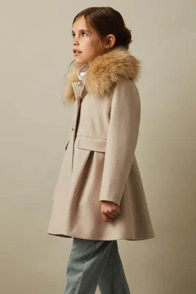 Reiss Oatmeal Senior Faux Fur Collar Wool Blend Coat