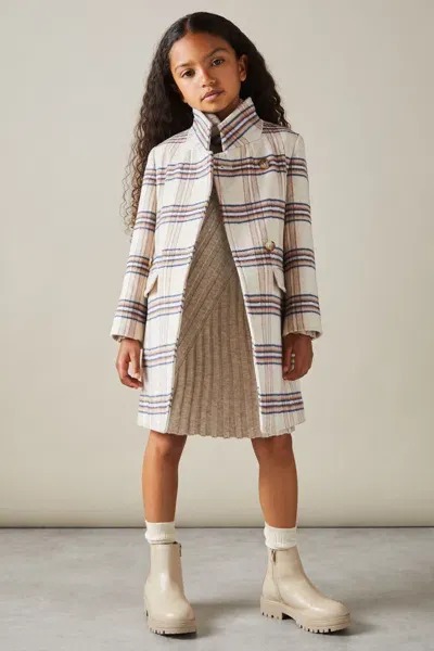 Reiss Brown Claude Wool Blend Checked Asymmetric Funnel Neck Coat