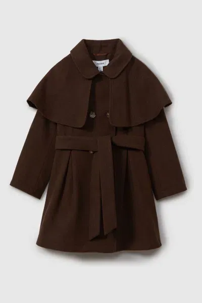 Reiss Chocolate Teen Double Breasted Cape Coat With Wool