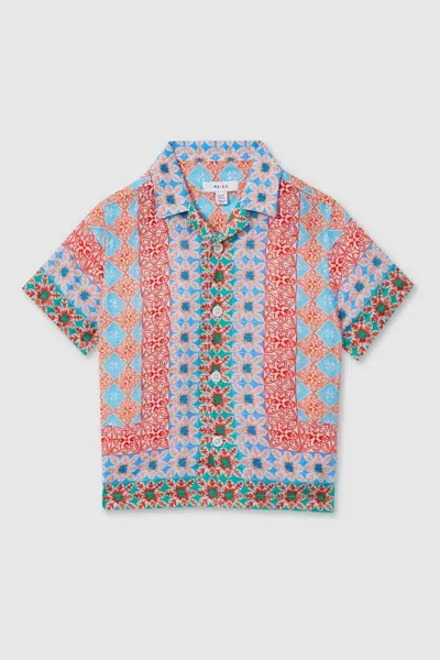 Reiss Orange Multi Teen Linen Printed Cuban Collar Shirt