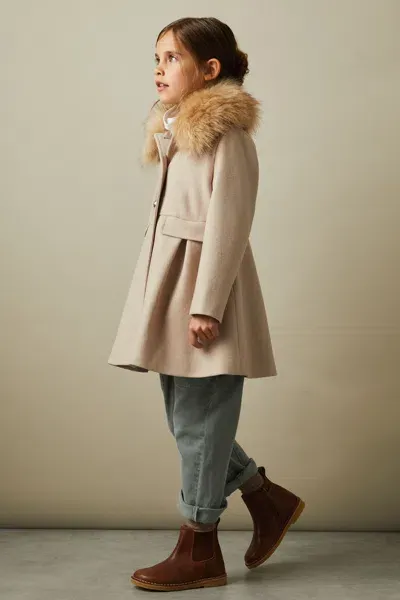 Reiss Oatmeal Junior Faux Fur Collar Wool Blend Coat