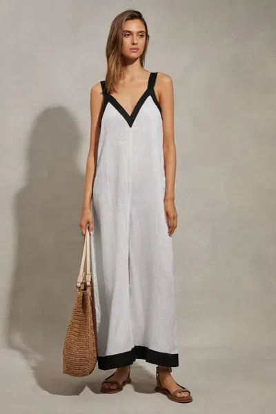 Reiss Aida Wide-leg Colour-block Linen Jumpsuit In White/navy